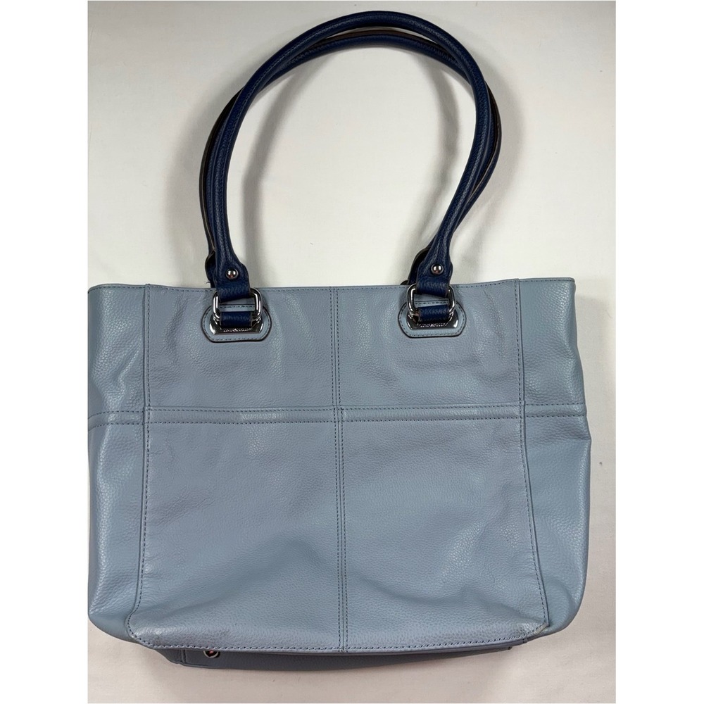 Tignanello Light Blue Pebbled Leather Tote Bag‎ Navy Handles Silver Hardware
